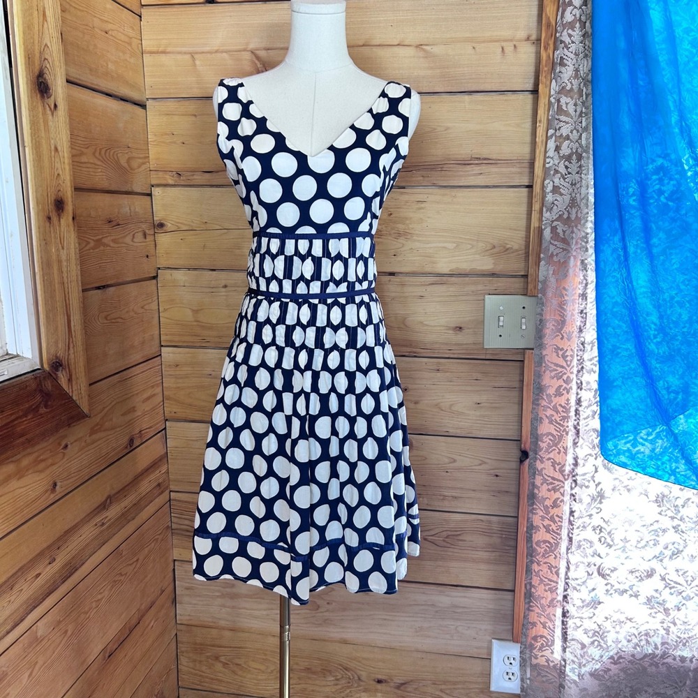 Vintage Polka Dot Dress Women Medium Navy Blue Fit Flare 1950s Retro Midtown